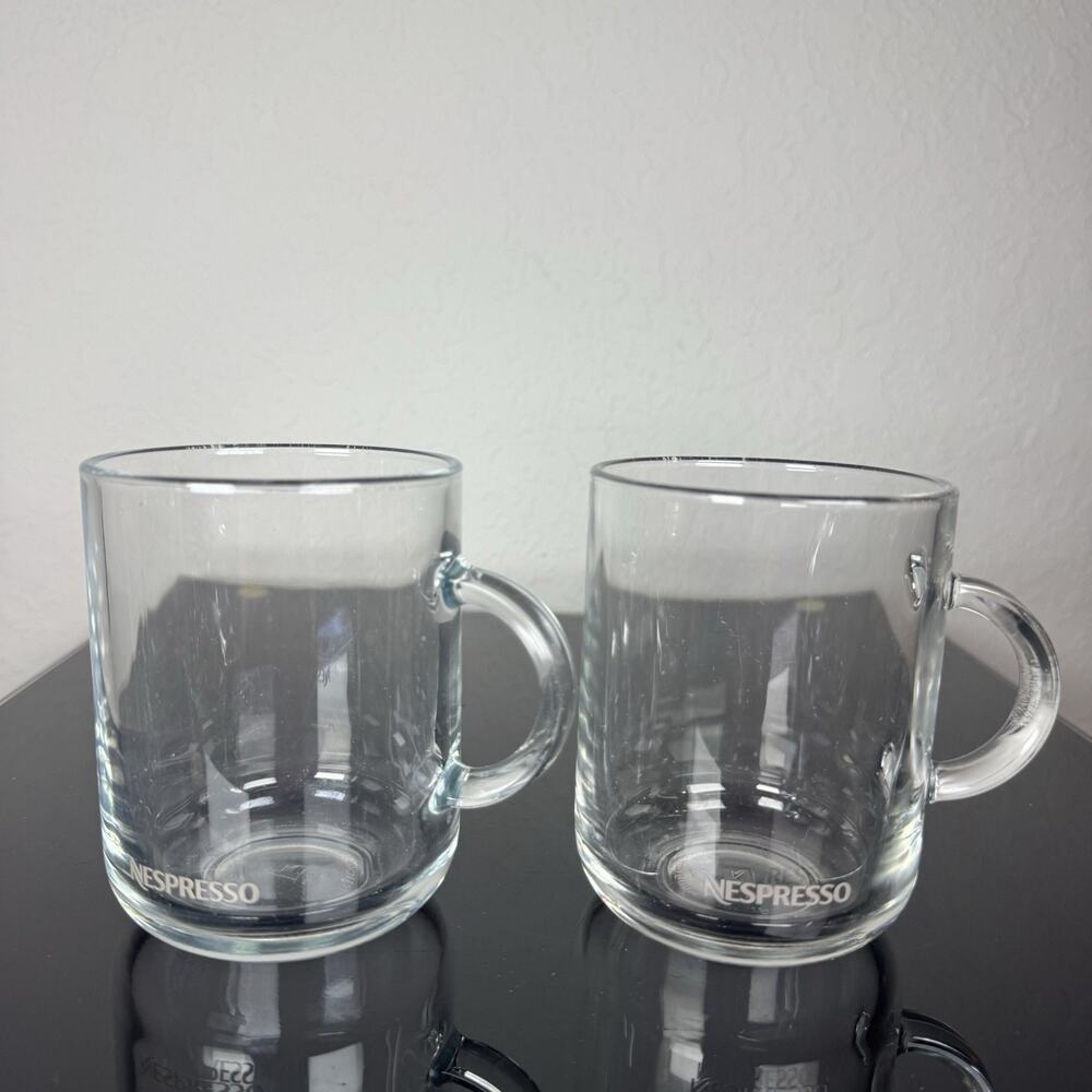 Nespresso Clear Glass Coffee Mug Set 13 fl oz Solid Color 4" Tall Made in France